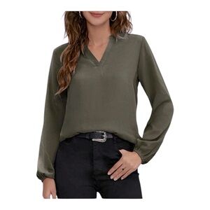 Express V-Neck Chiffon Long Sleeve Blouse Olive Green Drab Neutral Taupe Small